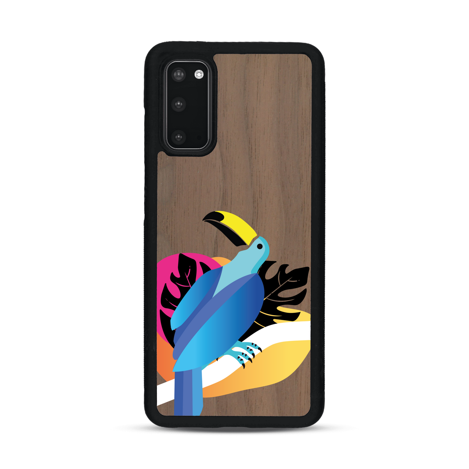 Coque de protection en bois véritable fabriquée en France pour Samsung S20 représentant un toucan coloré avec un design moderne et minimaliste sur le thème de la jungle et de la nature