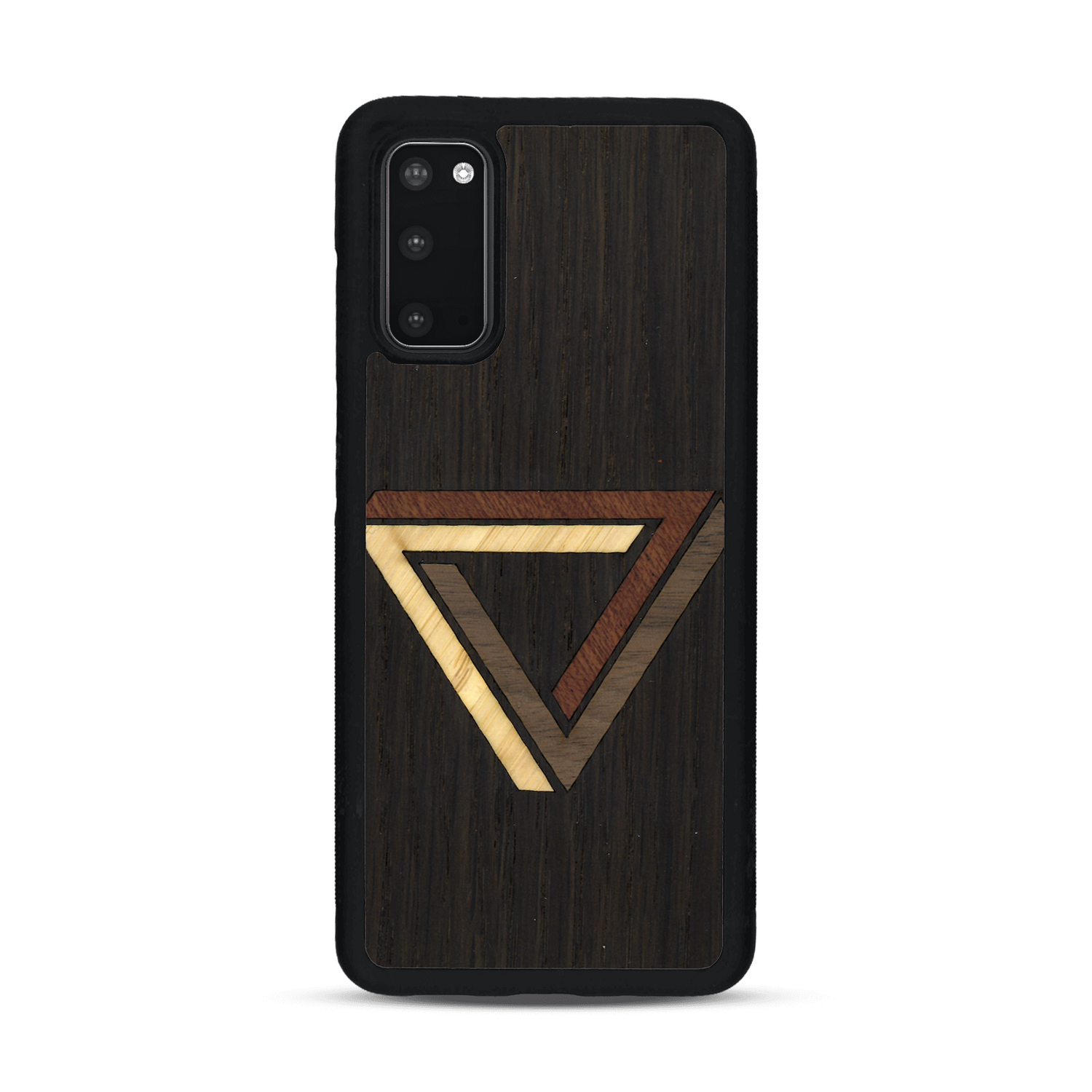 Coque de protection en bois véritable fabriquée en France pour  sur le thème de l'art géométrique qui allie du chêne fumé, du noyer, du bambou et du padouk représentant le triangle de penrose