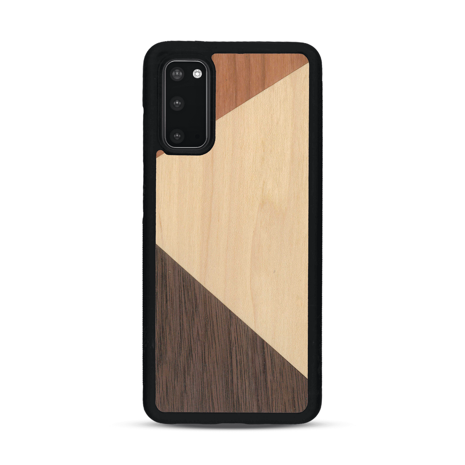 Coque de protection en bois véritable fabriquée en France pour  alliant du merisier, du noyer et du bambou formant chacun deux triangles et un trapèze avec deux jointures en diagonale sur le thème de l'art abstrait