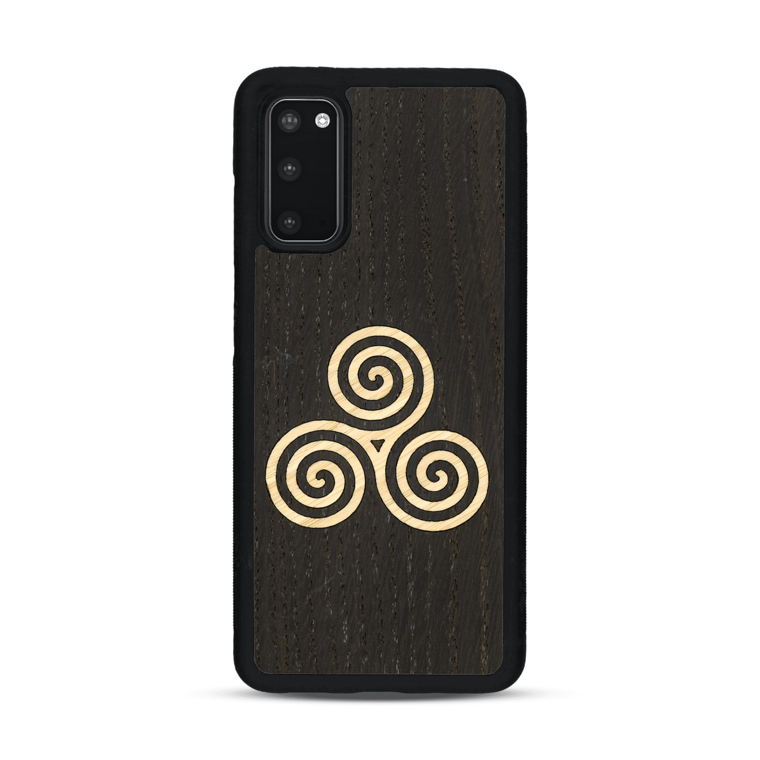 Coque de protection en bois véritable fabriquée en France pour  alliant du chêne fumé et du bambou et doré représentant un triskell