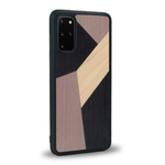 Coque de protection en bois véritable fabriquée en France pour Samsung S20 alliant du bambou, du tulipier mauve et noir en forme de mosaïque minimaliste sur le thème de l'art abstrait