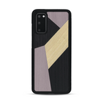 Coque de protection en bois véritable fabriquée en France pour  alliant du bambou, du tulipier mauve et noir en forme de mosaïque minimaliste sur le thème de l'art abstrait