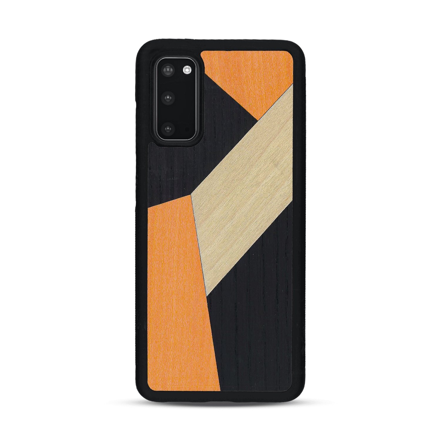 Coque de protection en bois véritable fabriquée en France pour  alliant du bambou, du tulipier orange et noir en forme de mosaïque minimaliste sur le thème de l'art abstrait