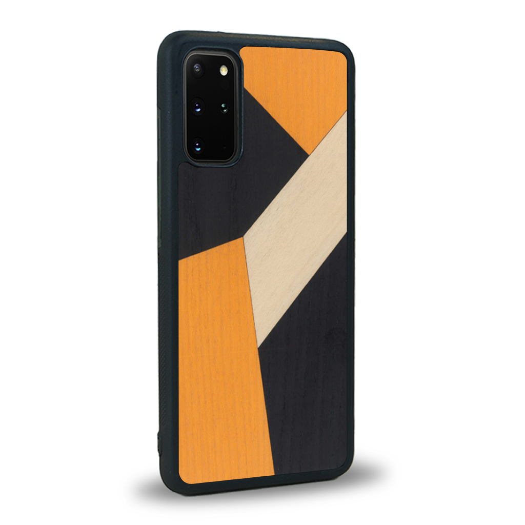 Coque de protection en bois véritable fabriquée en France pour Samsung S20 alliant du bambou, du tulipier orange et noir en forme de mosaïque minimaliste sur le thème de l'art abstrait