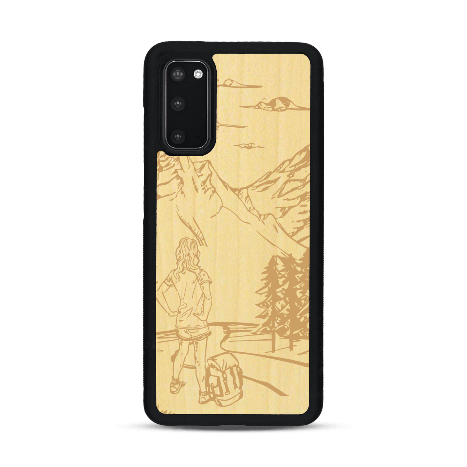 Coque de protection en bois véritable fabriquée en France pour  sur le thème de la randonnée en montagne et de l'aventure avec une gravure représentant une femme de dos face à un paysage de nature