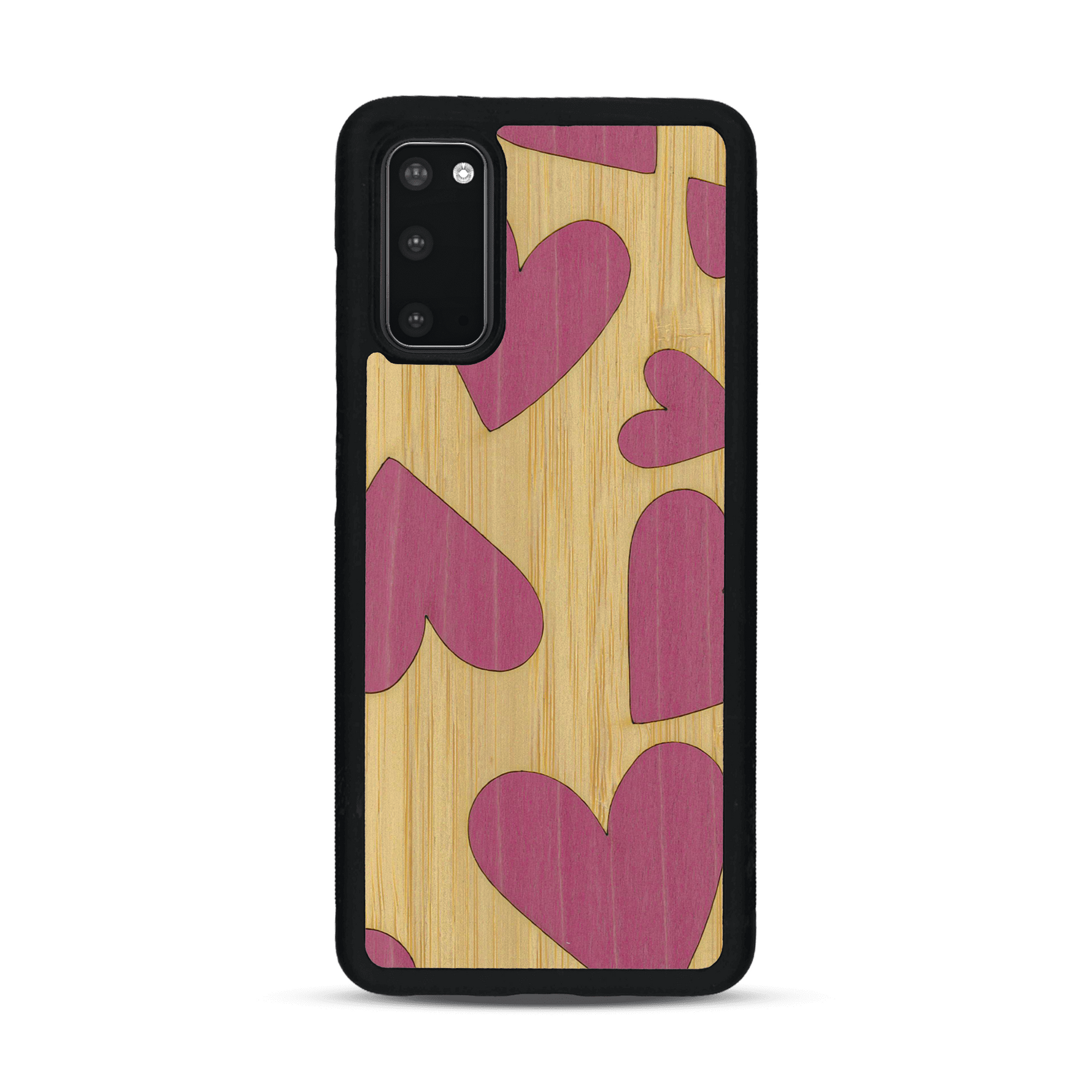 Coque de protection en bois véritable fabriquée en France pour  alliant plusieurs essences de bois pour représenter des coeurs pour les amoureux