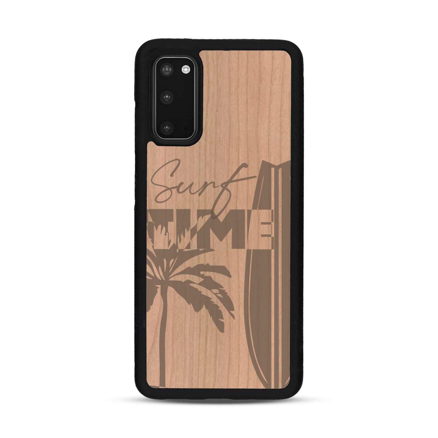 Coque de protection en bois véritable fabriquée en France pour  sur le thème chill avec un motif représentant une silouhette tenant une planche de surf sur une plage entouré de palmiers et les mots "Surf Time Long Beach Miami"