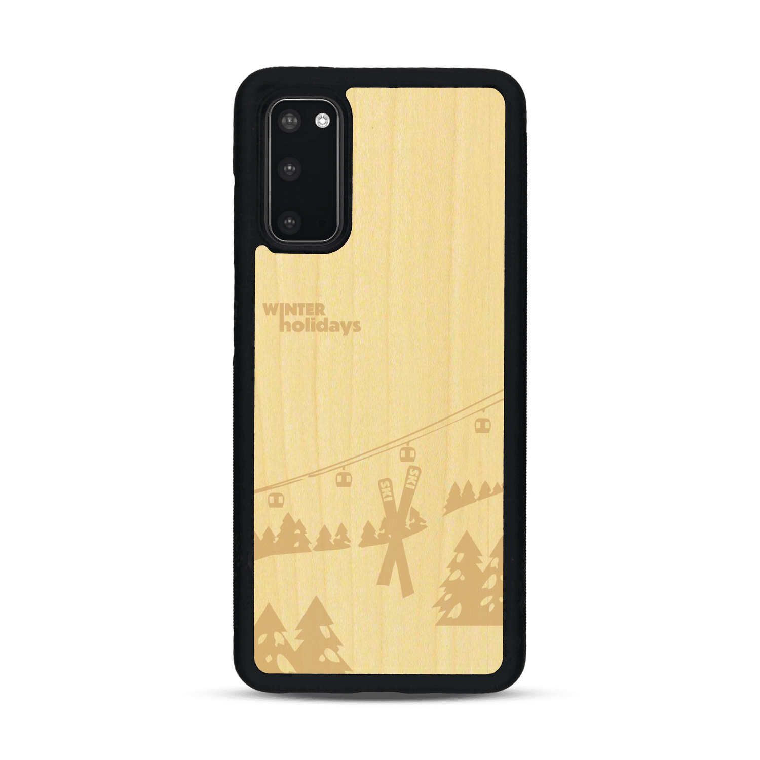 Coque de protection en bois véritable fabriquée en France pour  sur le thème de la montagne, du ski et de la neige avec un motif représentant une paire de ski plantée dans la neige avec en fond des montagnes enneigées