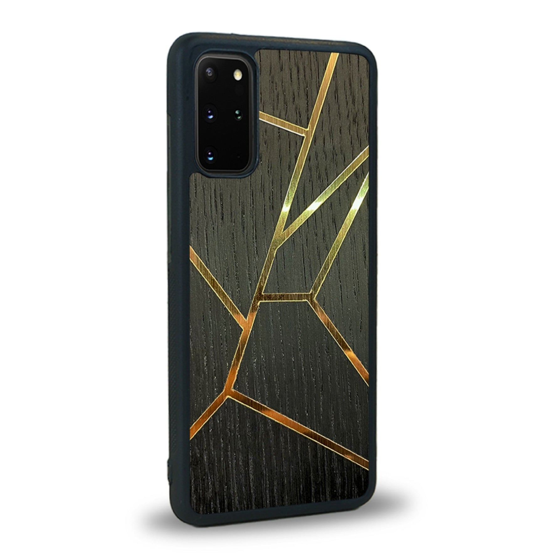 Coque de protection en bois véritable fabriquée en France pour Samsung S20FE alliant plusieurs essences de bois pour représenter des fragments design