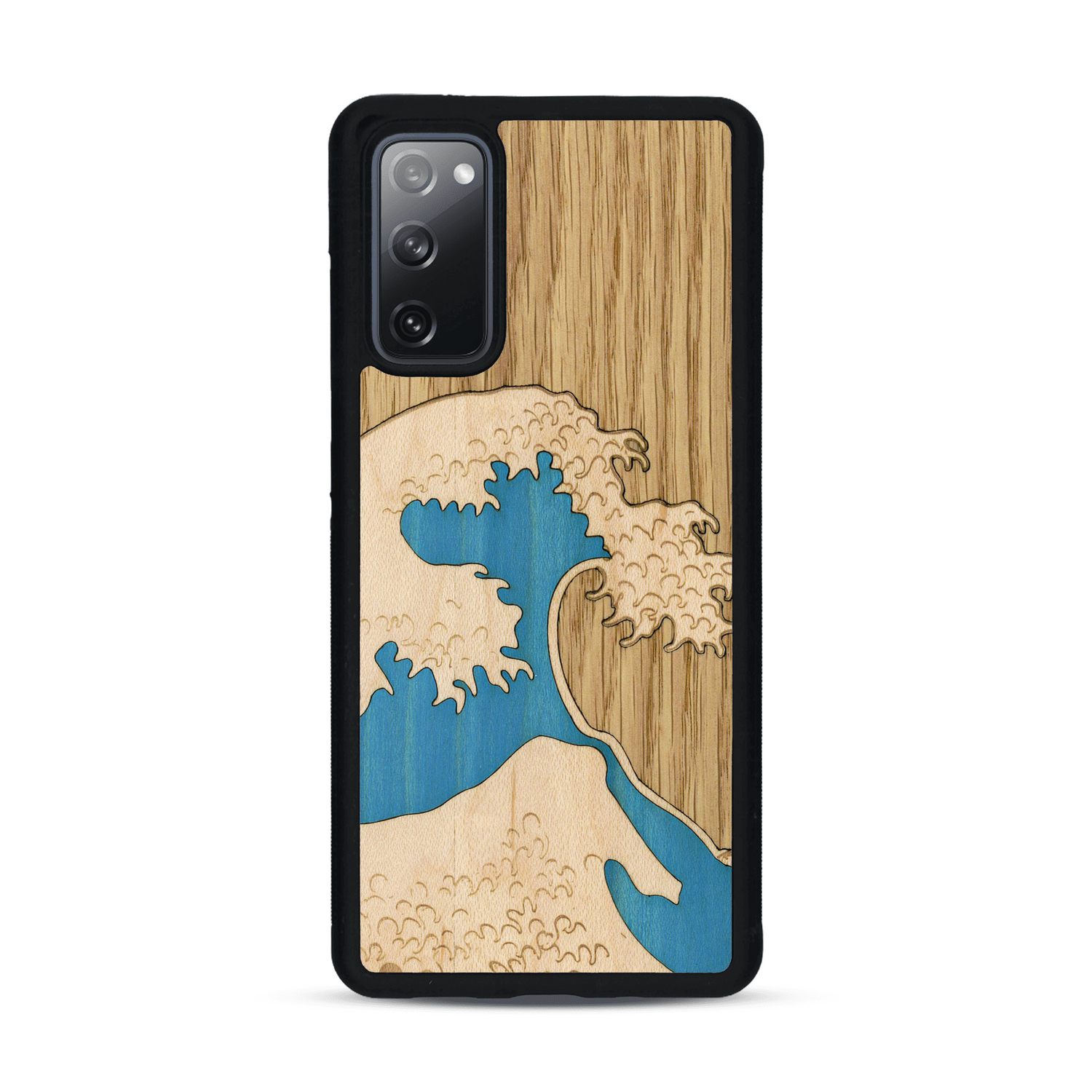 Coque de protection en bois véritable fabriquée en France pour  alliant plusieurs essences de bois pour représenter la célèbre grande vague de Kanagawa