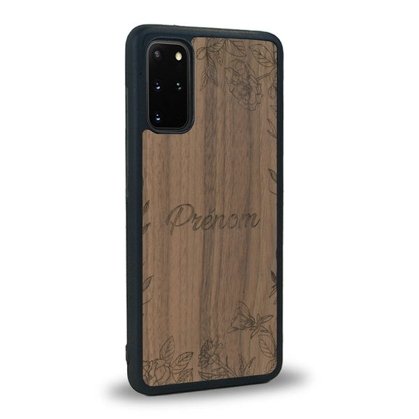 Coque de protection en bois véritable fabriquée en France pour Samsung S20FE sur le thème de la fête des mères avec un motif représentant des fleurs et des feuilles