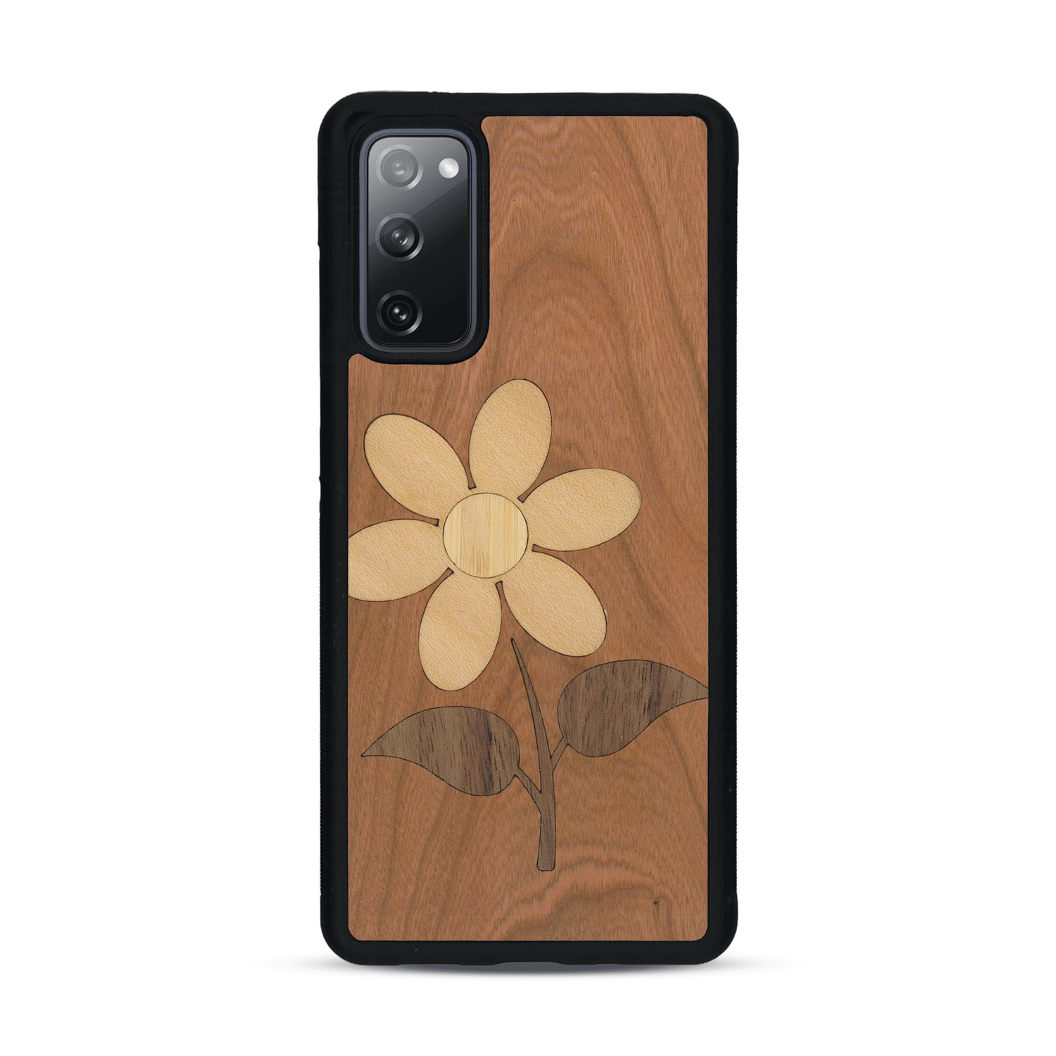 Coque de protection en bois véritable fabriquée en France pour  alliant plusieurs essences de bois pour représenter une marguerite