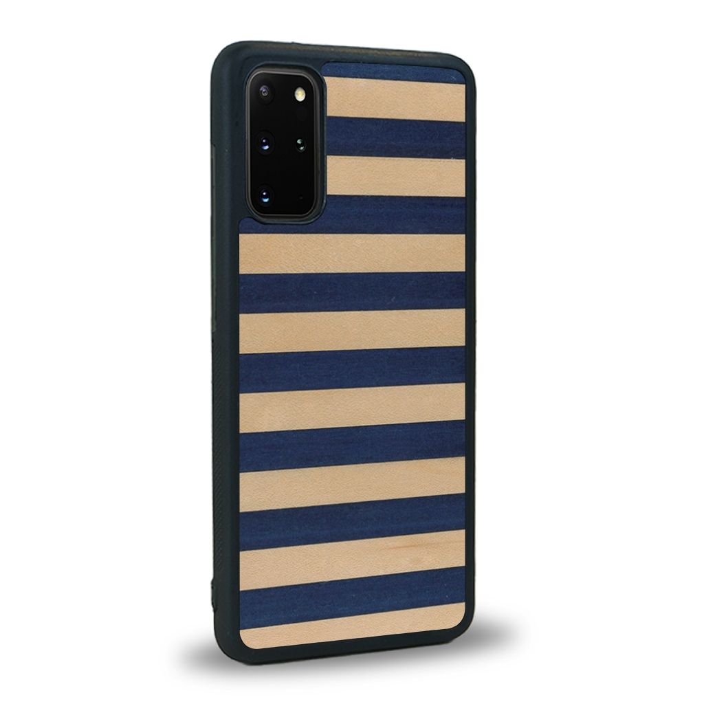 Coque de protection en bois véritable fabriquée en France pour Samsung S20FE alliant plusieurs essences de bois pour représenter une marinière