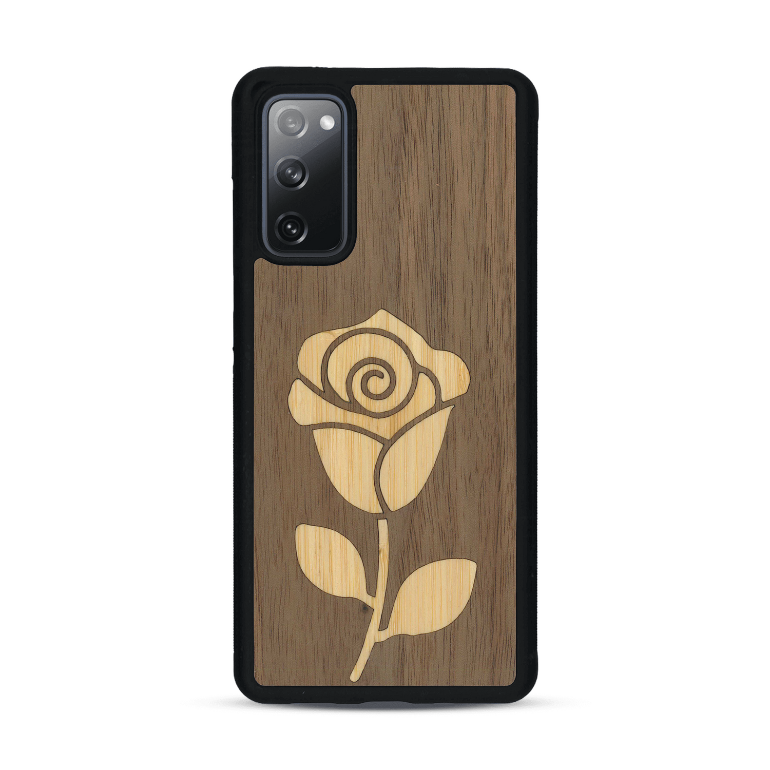 Coque de protection en bois véritable fabriquée en France pour  alliant plusieurs essences de bois pour représenter une rose