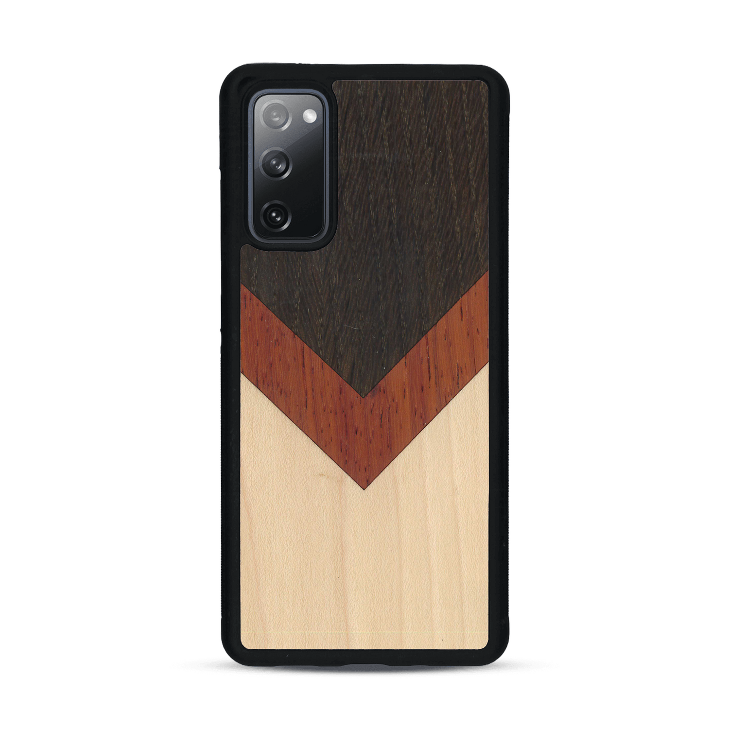 Coque de protection en bois véritable fabriquée en France pour  alliant du chêne fumé, du padouk et du bambou en forme de chevron sur le thème de l'art abstrait