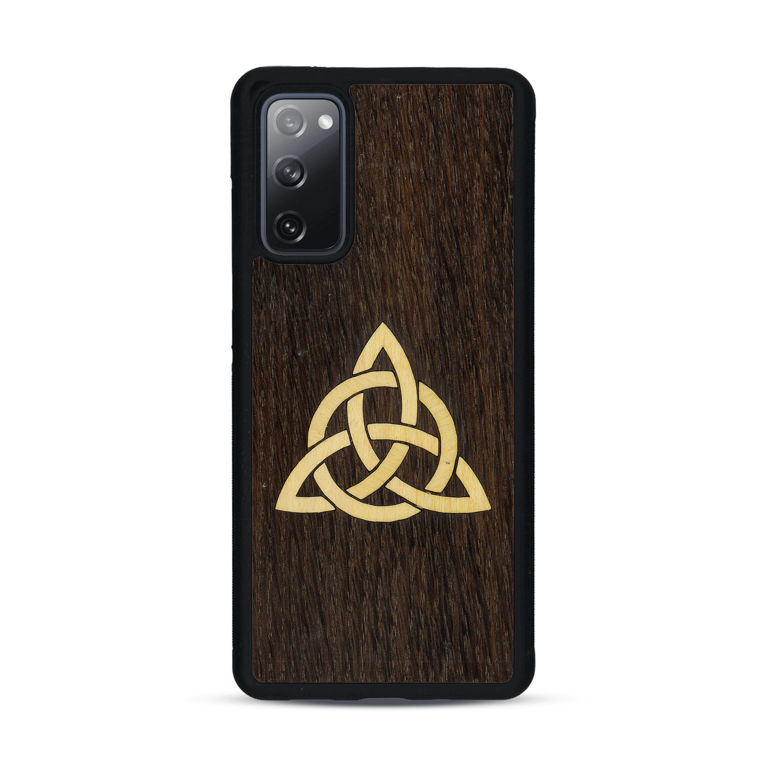 Coque de protection en bois véritable fabriquée en France pour  alliant du chêne fumé et du bambou représentant une triquetra