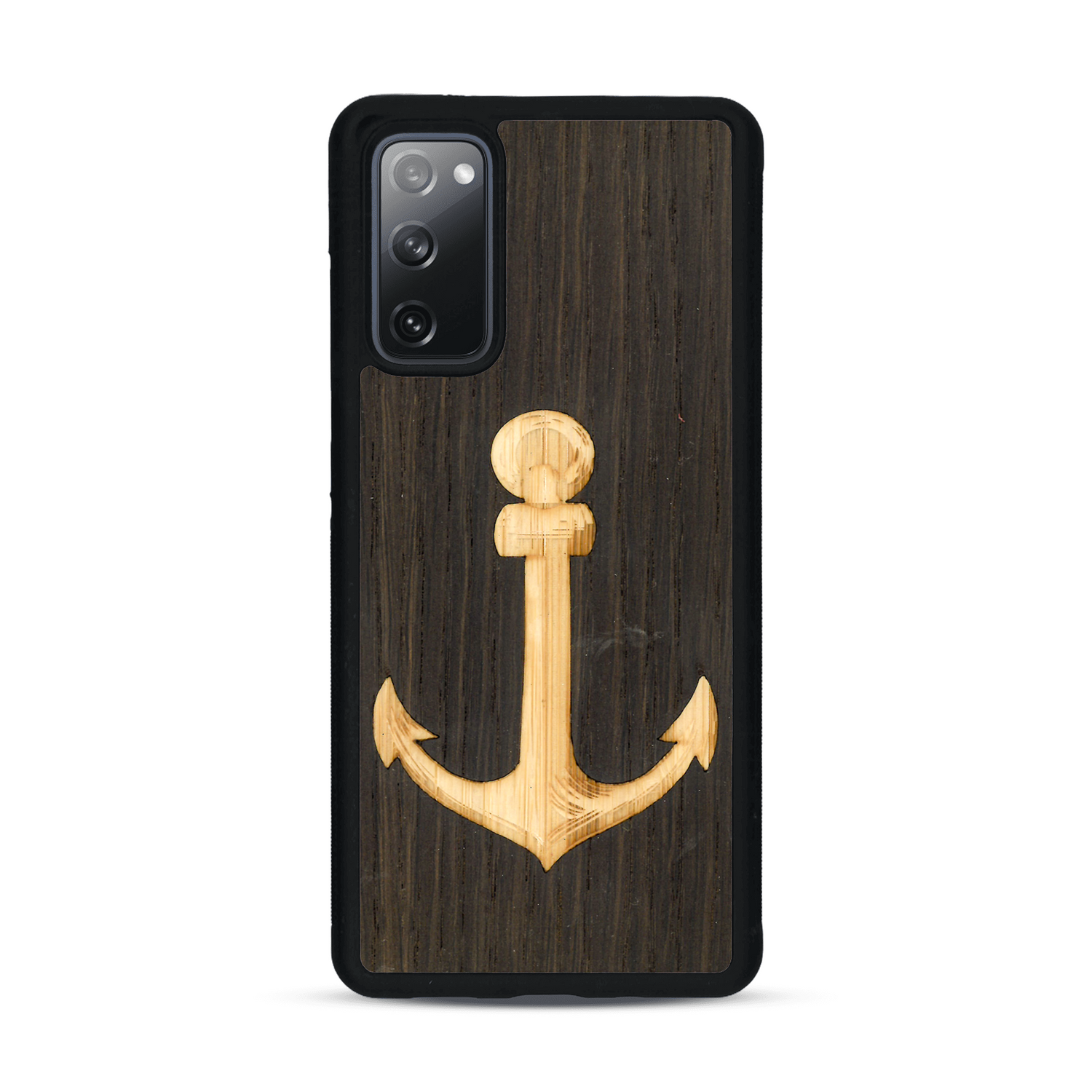 Coque de protection en bois véritable fabriquée en France pour  sur le thème nautique avec un bois clair et un bois foncé représentant une ancre de bateau