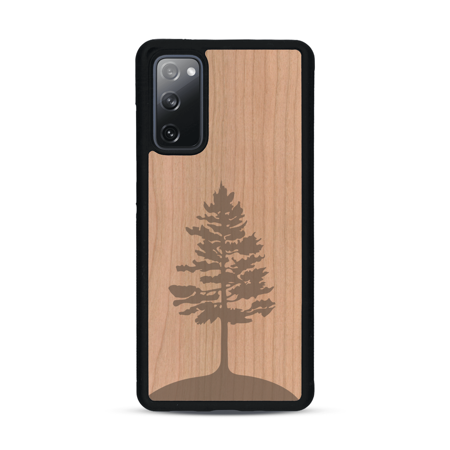 Coque de protection en bois véritable fabriquée en France pour  sur le thème de la nature, de la fôret et de l'écoresponsabilité avec une gravure représentant un arbre 