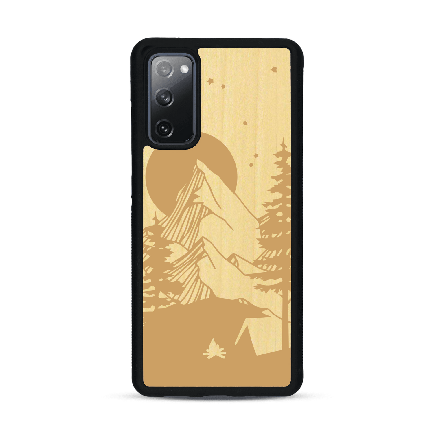 Coque de protection en bois véritable fabriquée en France pour  sur le thème du camping en pleine nature représentant une tente avec un feu de camp entouré de montagnes