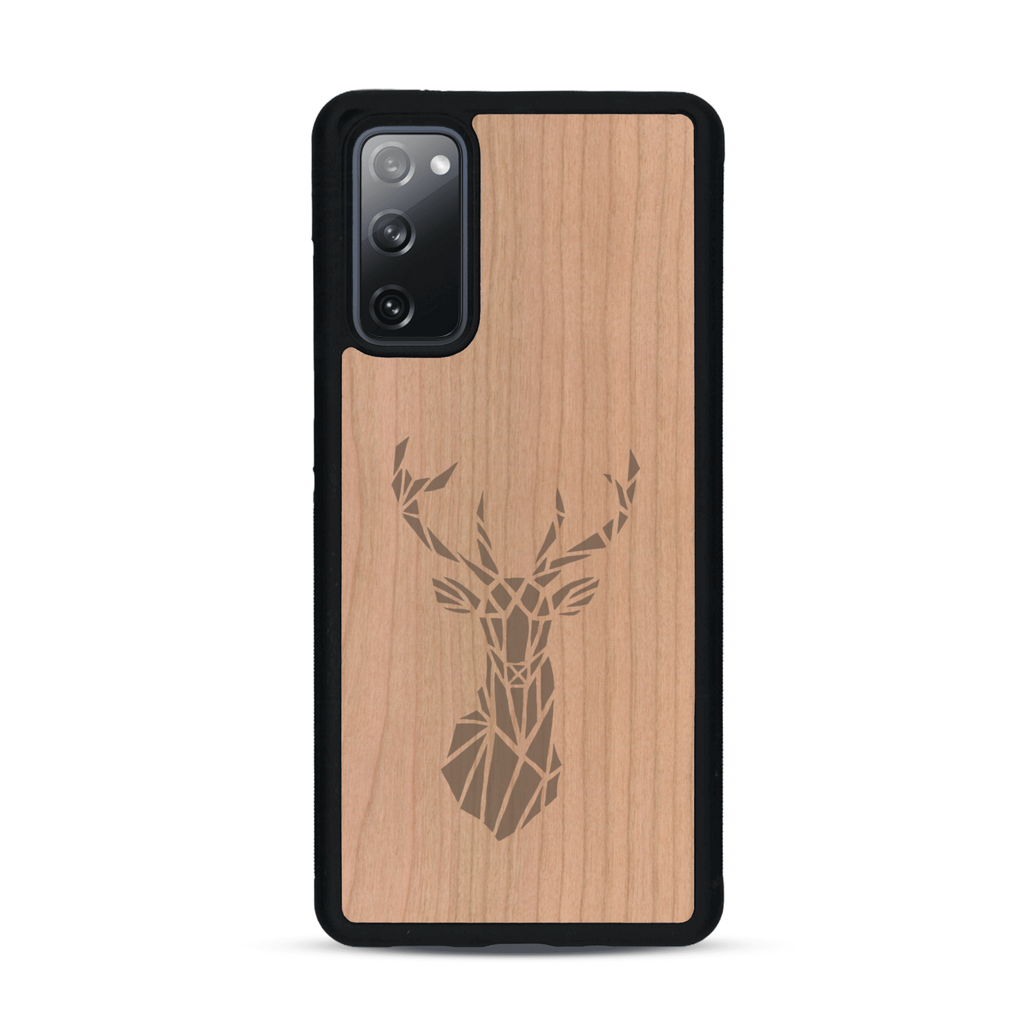 Coque de protection en bois véritable fabriquée en France pour  sur le thème de la nature et des animaux représentant une tête de cerf gométrique avec un design moderne et minimaliste