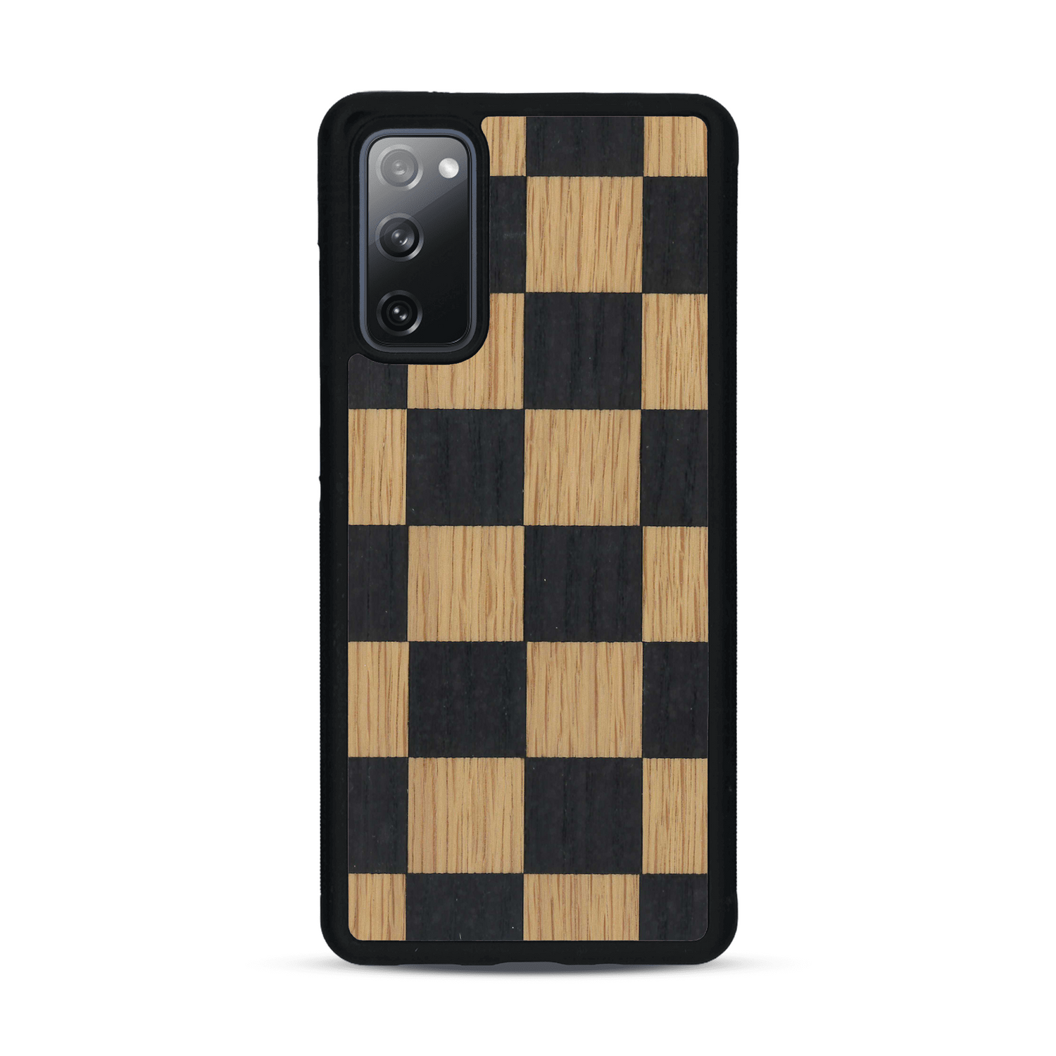 Coque de protection en bois véritable fabriquée en France pour  alliant plusieurs essences de bois pour représenter un damier