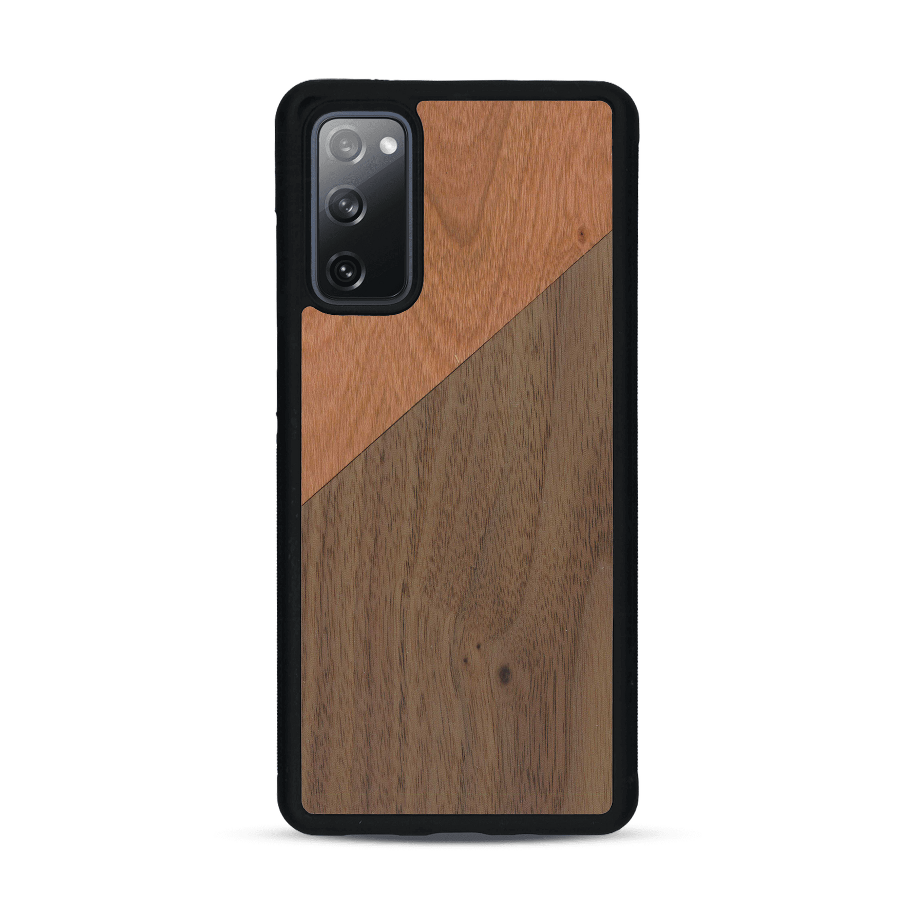 Coque de protection en bois véritable fabriquée en France pour  alliant du merisier et du noyer formant chacun un triangle avec une jointure en diagonale sur le thème de l'art abstrait