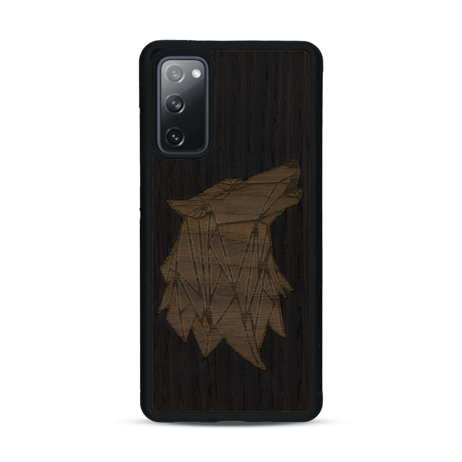 Coque de protection en bois véritable fabriquée en France pour  alliant du chêne fumé et du noyer représentant une tête de loup géométrique de profil sur le thème des animaux et de la nature