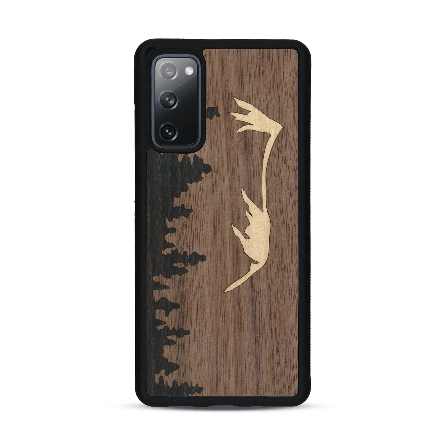Coque de protection en bois véritable fabriquée en France pour  sur le thème de la nature et de la montagne qui allie du chêne fumé, du noyer et du bambou représentant le mont mézenc