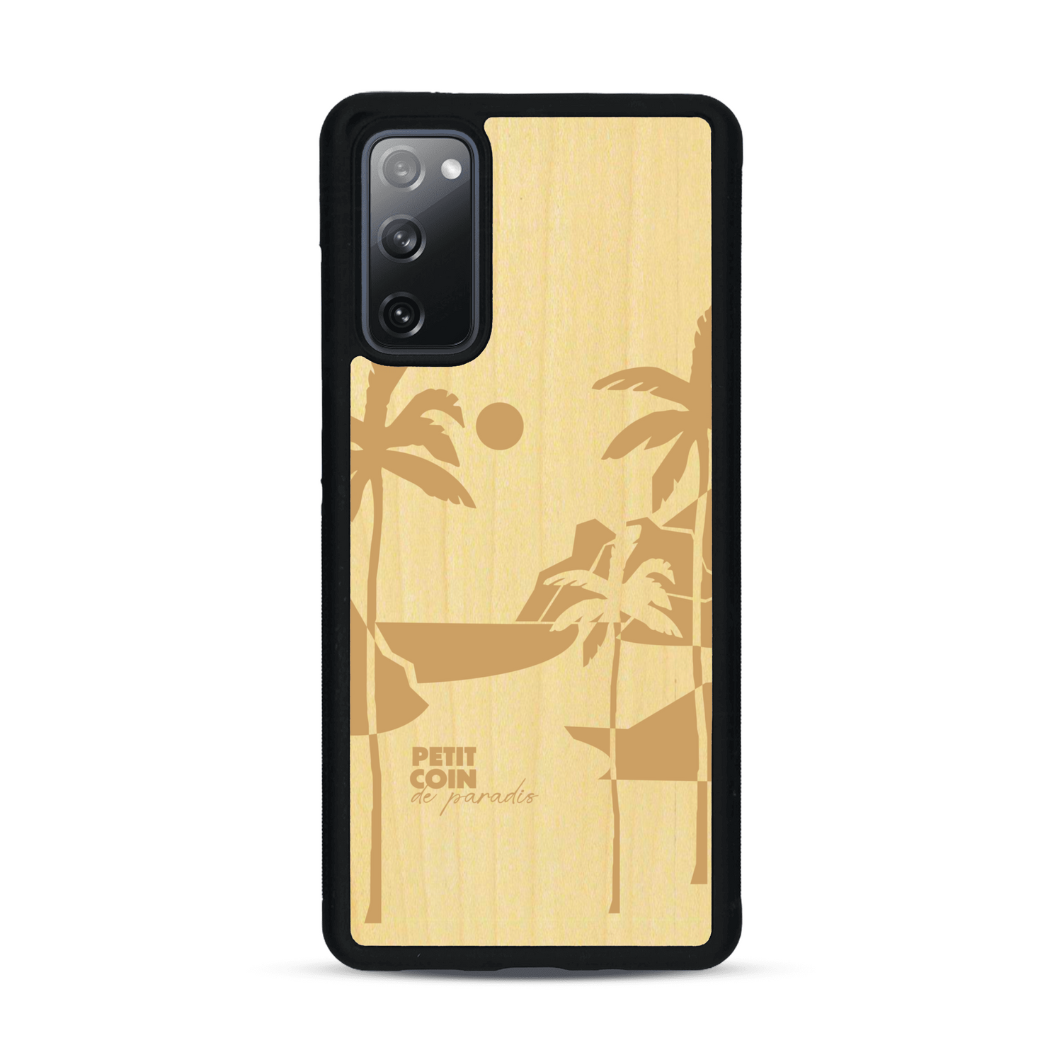 Coque de protection en bois véritable fabriquée en France pour  sur le thème des voyages en vans, vanlife et chill avec une gravure représentant un van vw combi devant le soleil couchant sur une plage avec des vagues