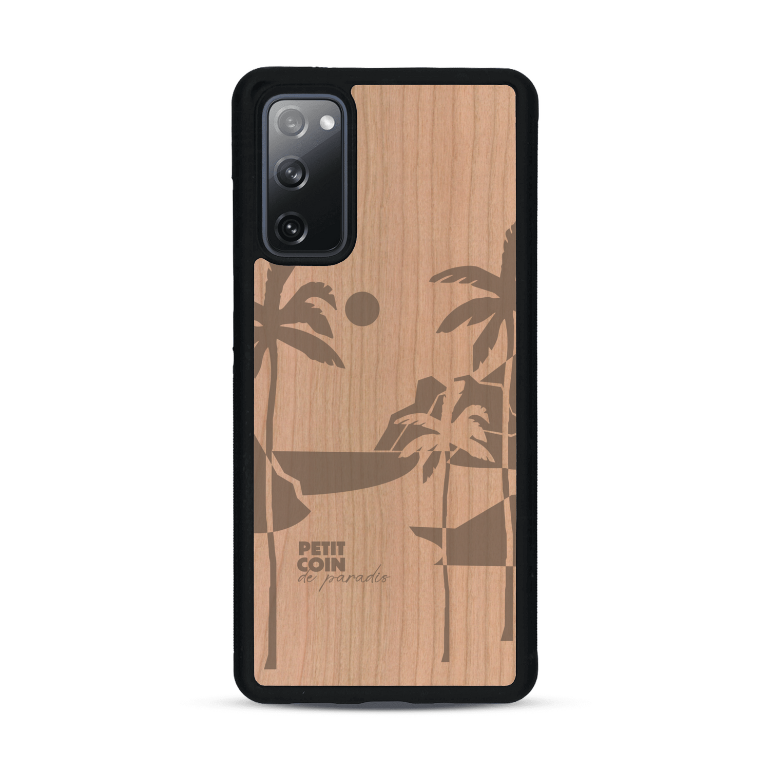 Coque de protection en bois véritable fabriquée en France pour  sur le thème des voyages en vans, vanlife et chill avec une gravure représentant un van vw combi devant le soleil couchant sur une plage avec des vagues