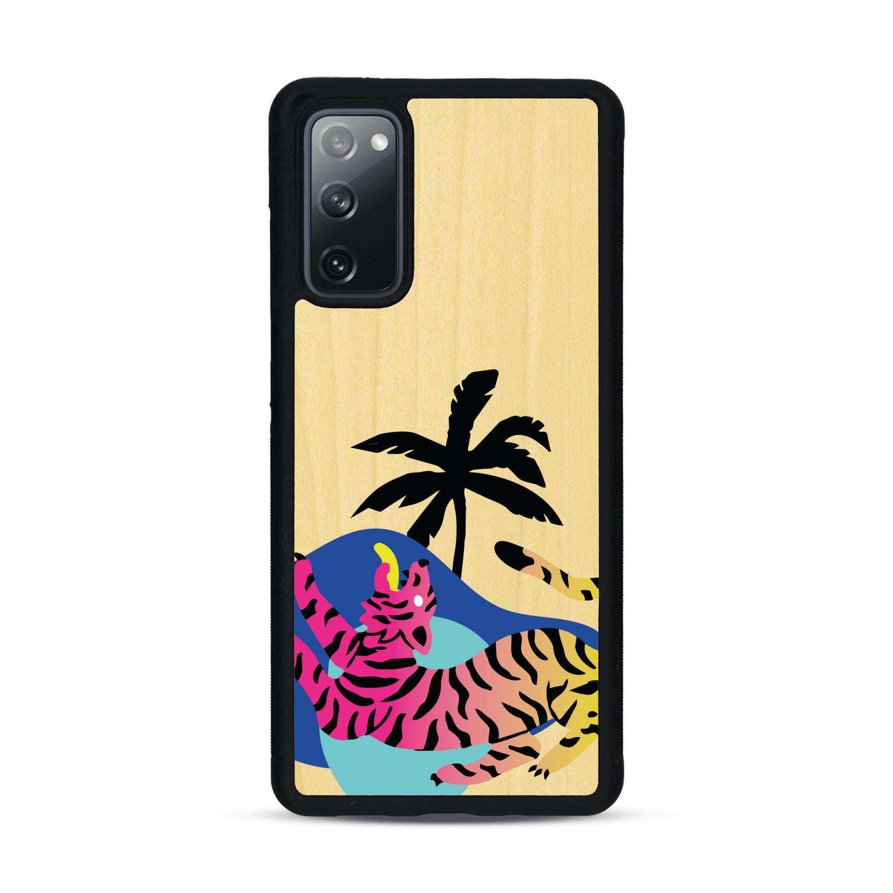 Coque de protection en bois véritable fabriquée en France pour Samsung S20FE représentant un tigre coloré avec un design moderne et minimaliste sur le thème de la jungle et de la nature