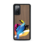 Coque de protection en bois véritable fabriquée en France pour Samsung S20FE représentant un toucan coloré avec un design moderne et minimaliste sur le thème de la jungle et de la nature
