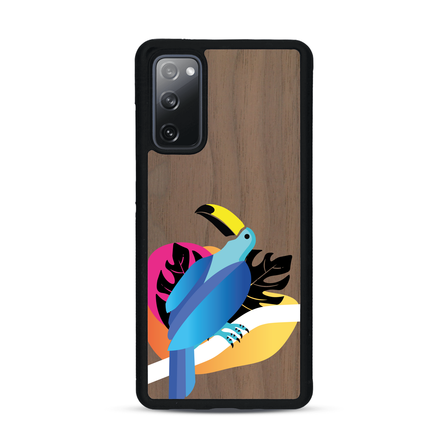 Coque de protection en bois véritable fabriquée en France pour Samsung S20FE représentant un toucan coloré avec un design moderne et minimaliste sur le thème de la jungle et de la nature