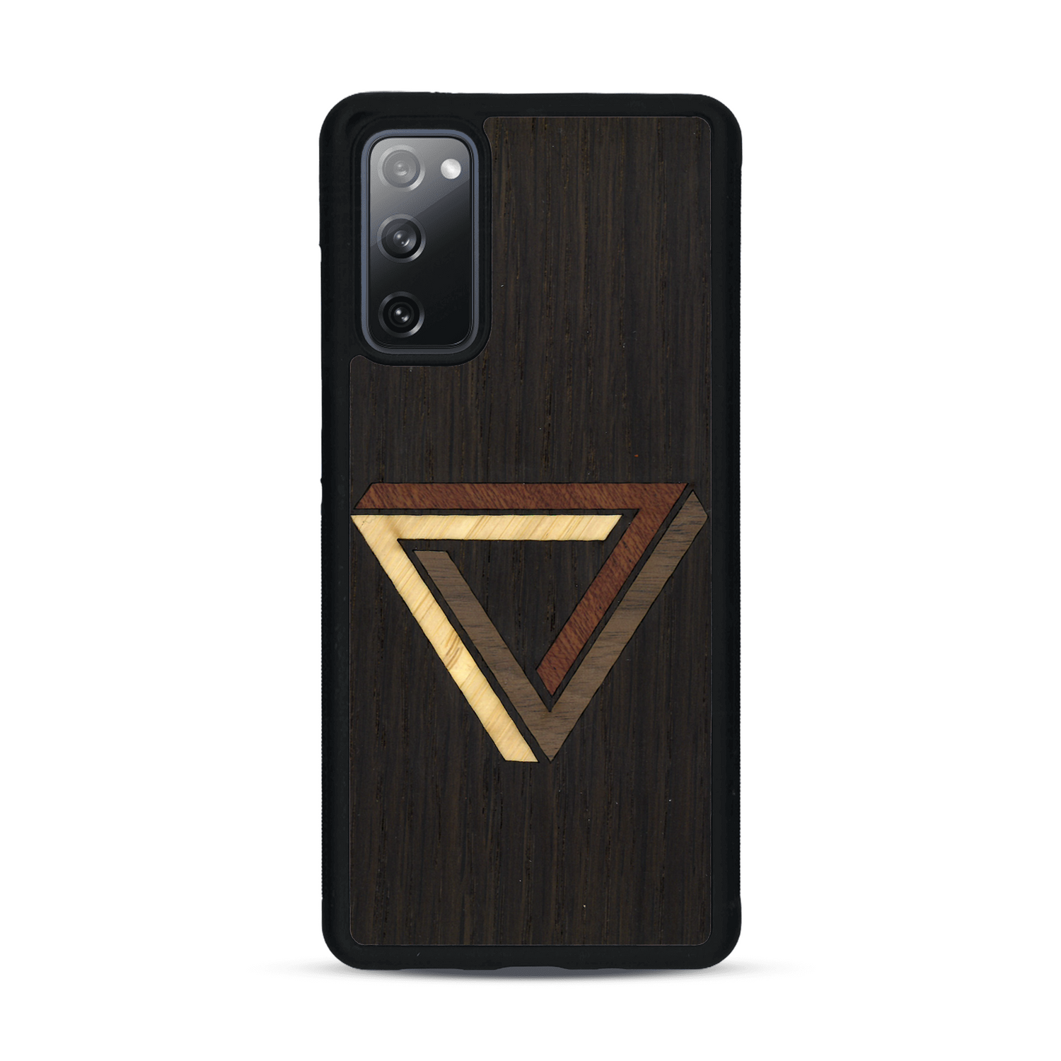 Coque de protection en bois véritable fabriquée en France pour  sur le thème de l'art géométrique qui allie du chêne fumé, du noyer, du bambou et du padouk représentant le triangle de penrose