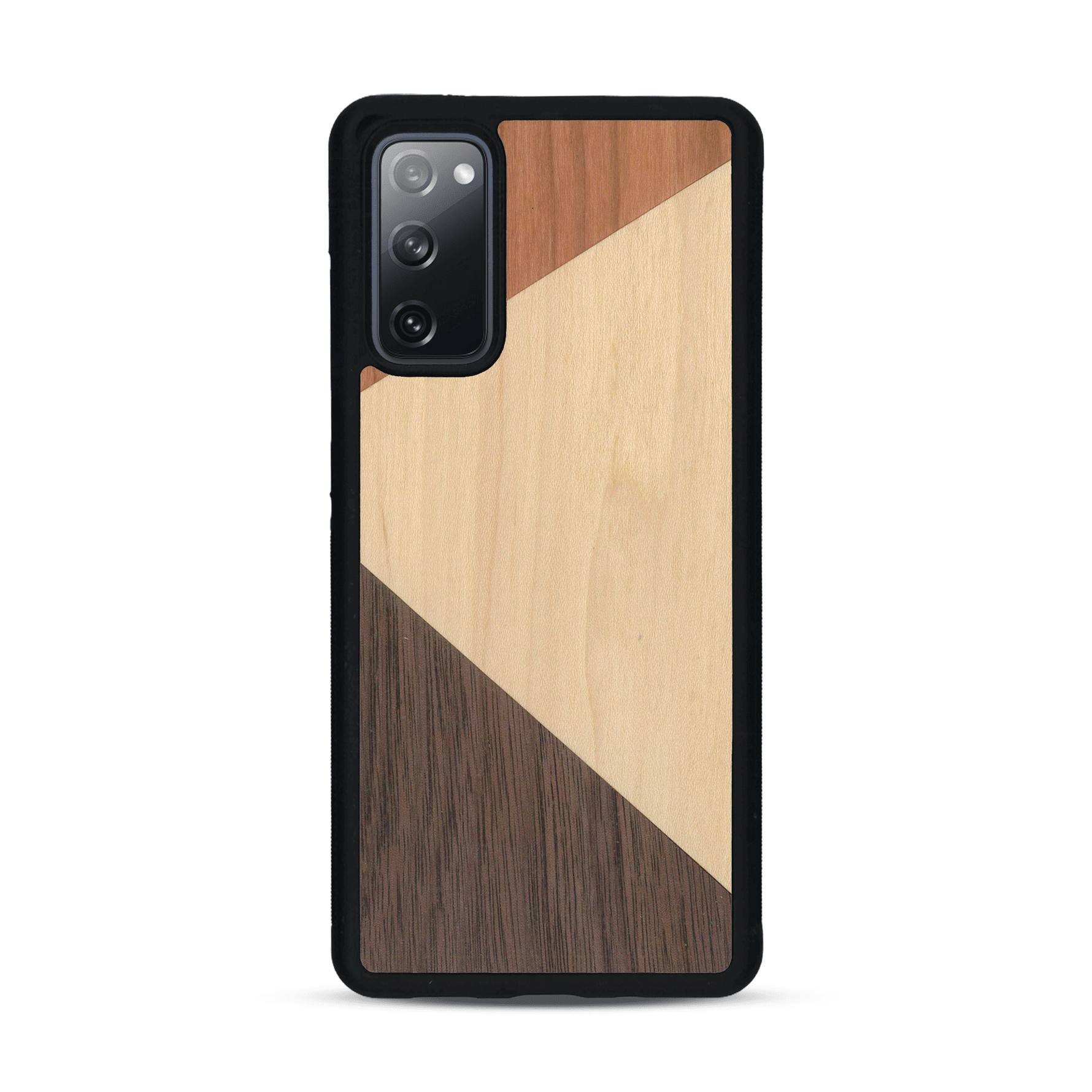 Coque de protection en bois véritable fabriquée en France pour  alliant du merisier, du noyer et du bambou formant chacun deux triangles et un trapèze avec deux jointures en diagonale sur le thème de l'art abstrait