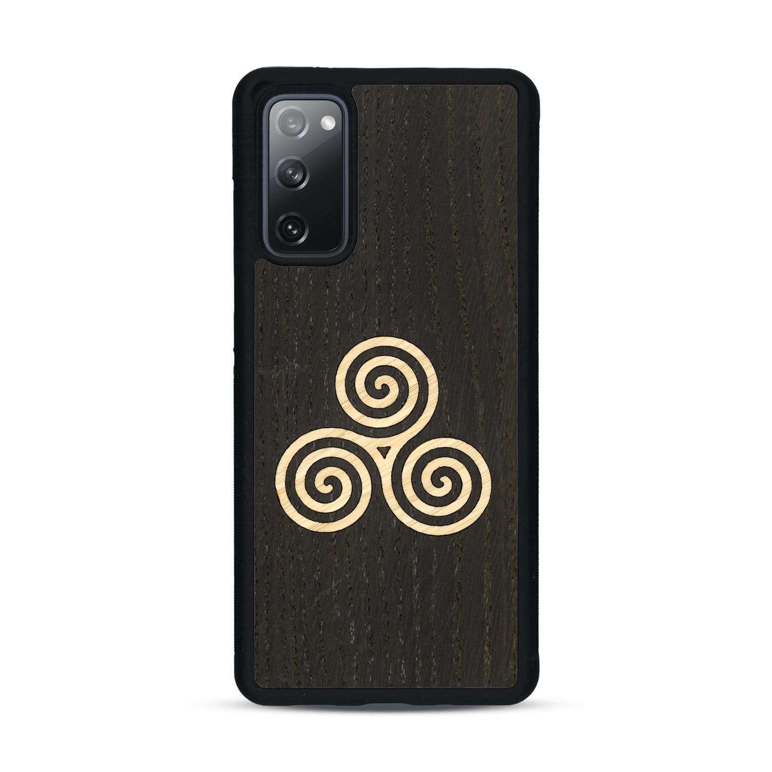 Coque de protection en bois véritable fabriquée en France pour  alliant du chêne fumé et du bambou et doré représentant un triskell