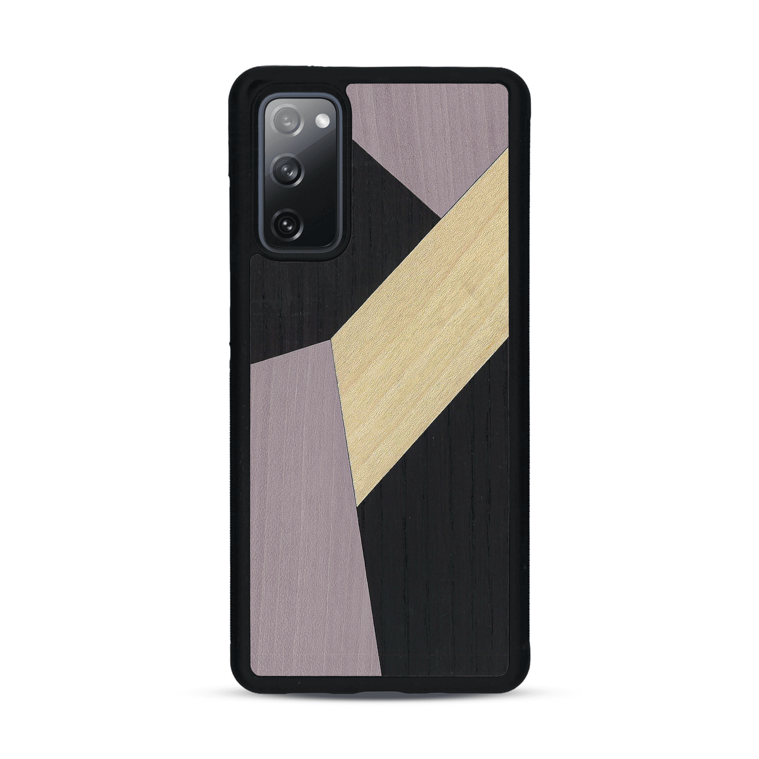 Coque de protection en bois véritable fabriquée en France pour  alliant du bambou, du tulipier mauve et noir en forme de mosaïque minimaliste sur le thème de l'art abstrait