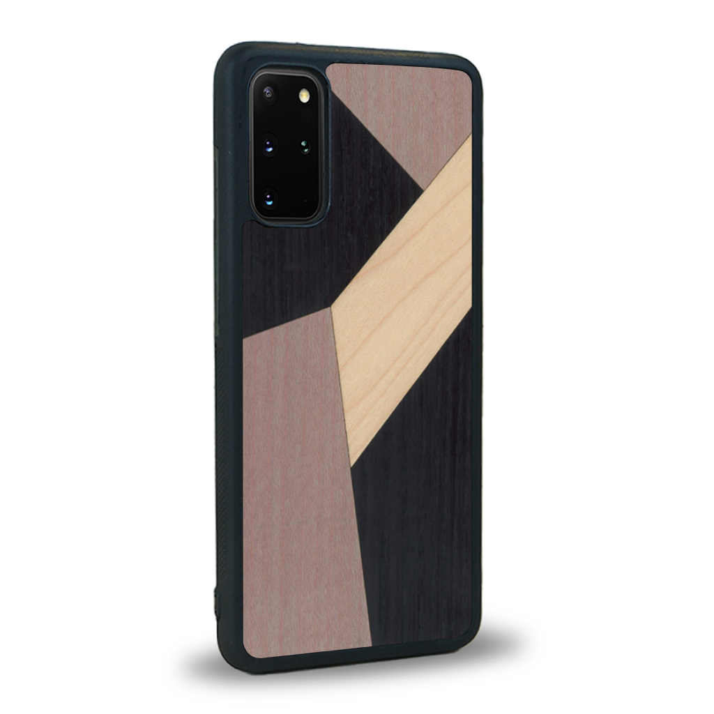 Coque de protection en bois véritable fabriquée en France pour Samsung S20FE alliant du bambou, du tulipier mauve et noir en forme de mosaïque minimaliste sur le thème de l'art abstrait