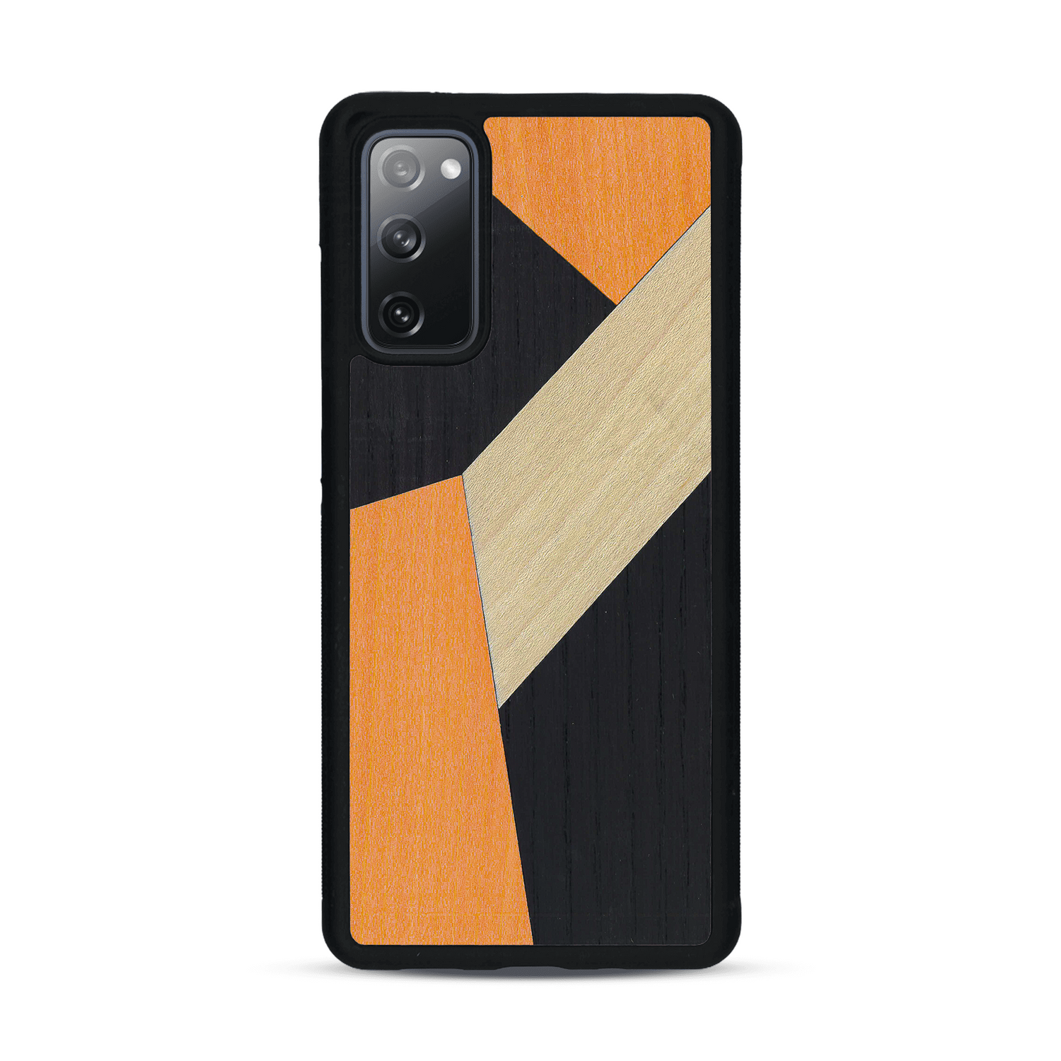 Coque de protection en bois véritable fabriquée en France pour  alliant du bambou, du tulipier orange et noir en forme de mosaïque minimaliste sur le thème de l'art abstrait