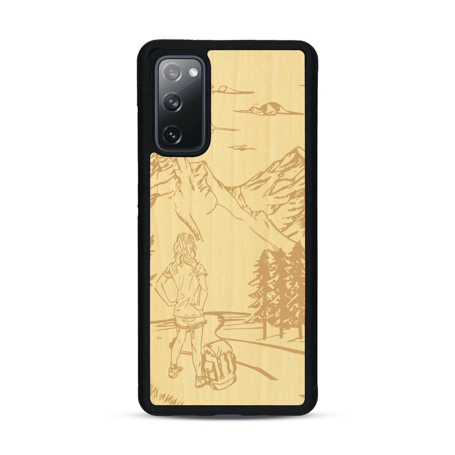 Coque de protection en bois véritable fabriquée en France pour  sur le thème de la randonnée en montagne et de l'aventure avec une gravure représentant une femme de dos face à un paysage de nature