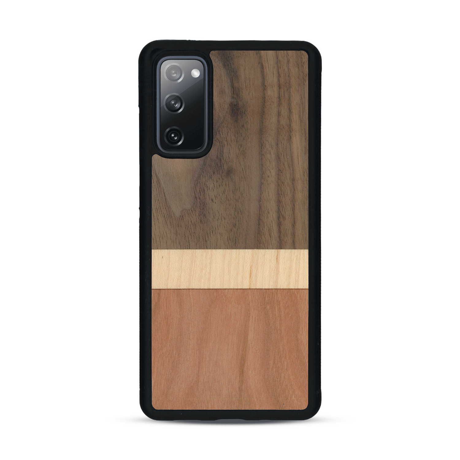 Coque de protection en bois véritable fabriquée en France pour  alliant des bandes horizontales de bambou, merisier et noyer