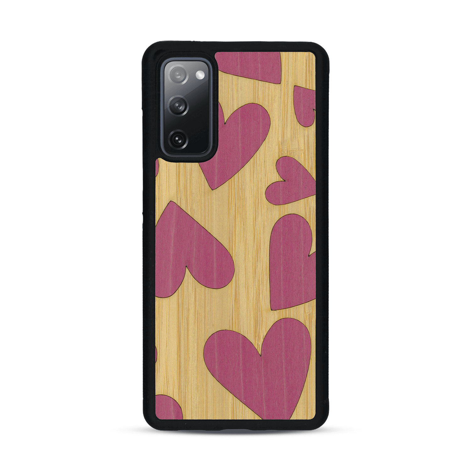 Coque de protection en bois véritable fabriquée en France pour  alliant plusieurs essences de bois pour représenter des coeurs pour les amoureux
