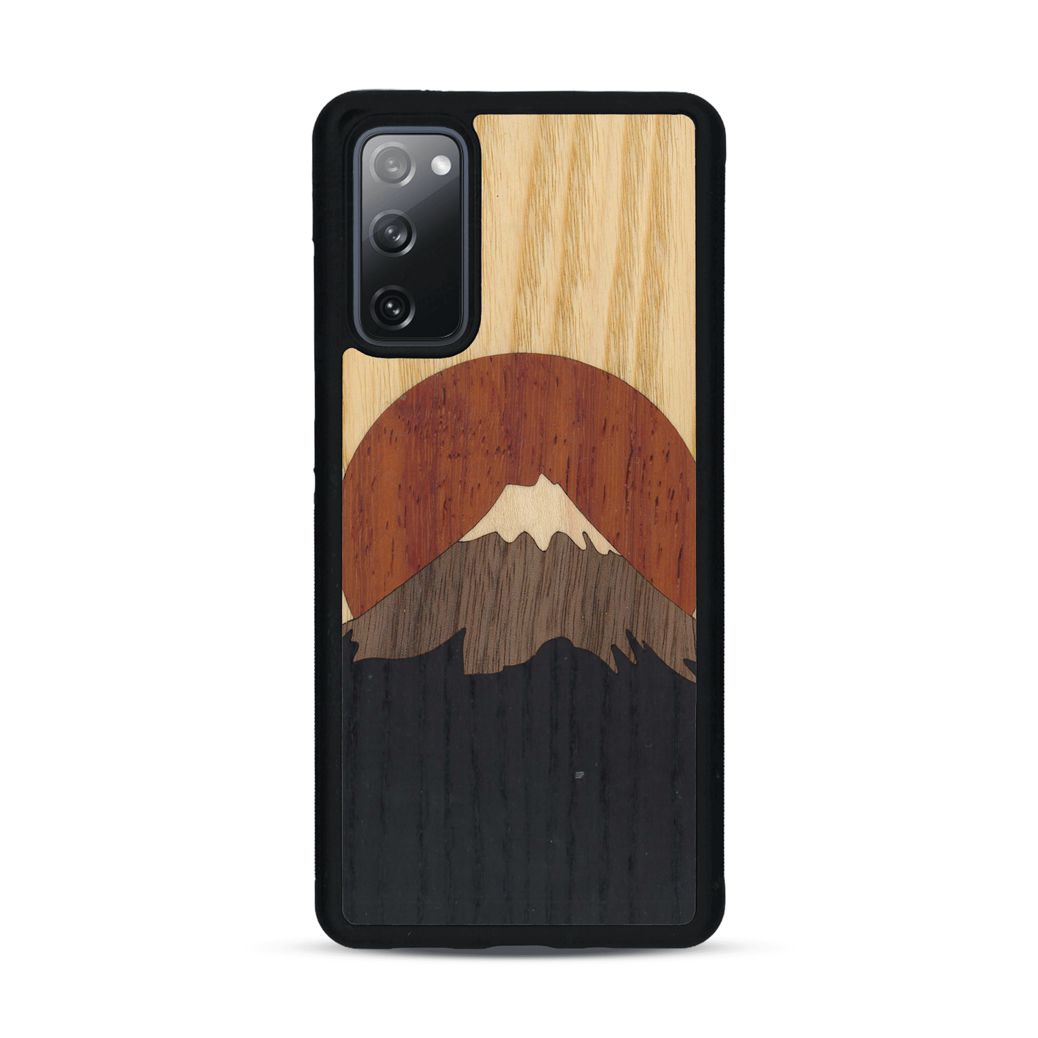 Coque de protection en bois véritable fabriquée en France pour  alliant plusieurs essences de bois pour représenter le mont Fuji