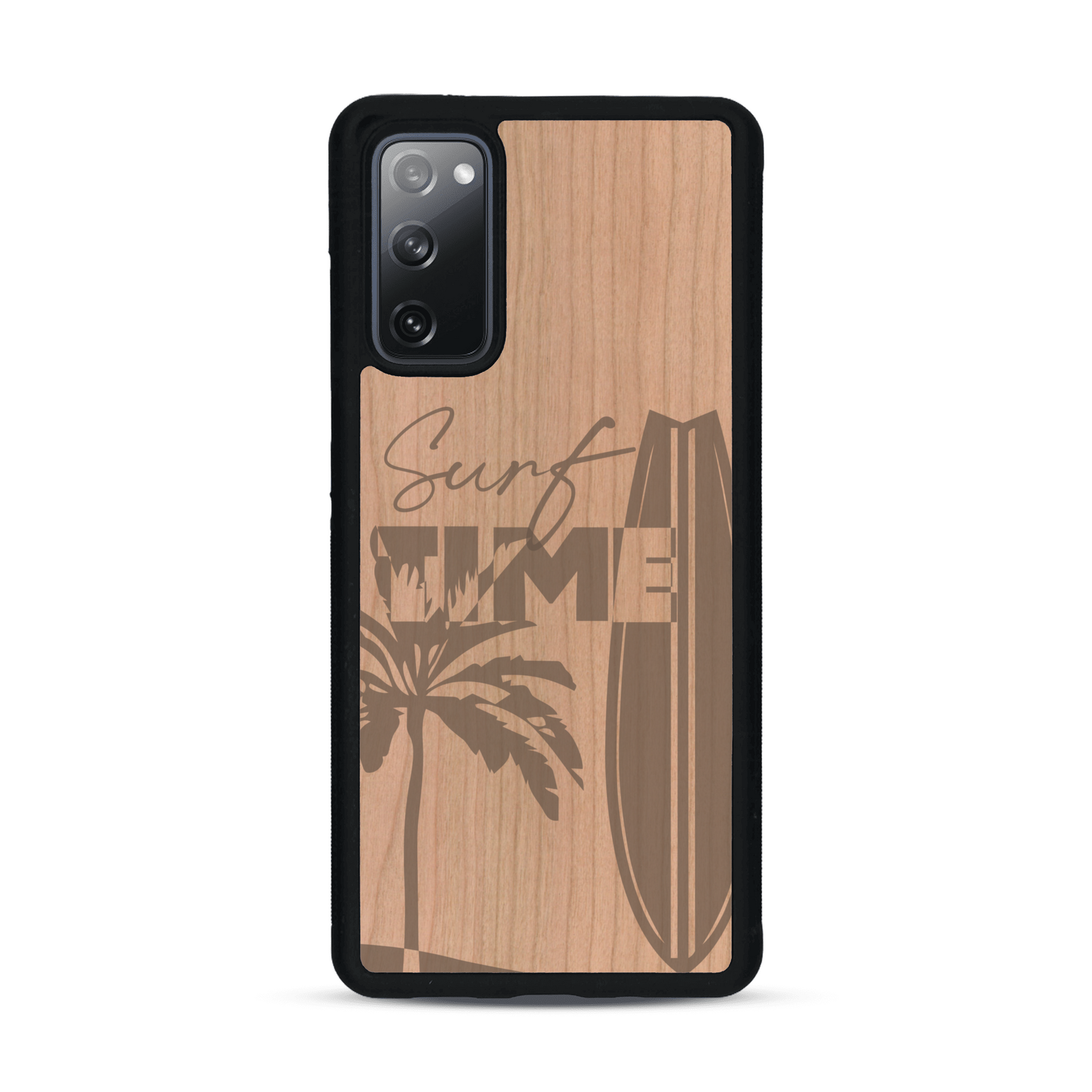 Coque de protection en bois véritable fabriquée en France pour  sur le thème chill avec un motif représentant une silouhette tenant une planche de surf sur une plage entouré de palmiers et les mots "Surf Time Long Beach Miami"