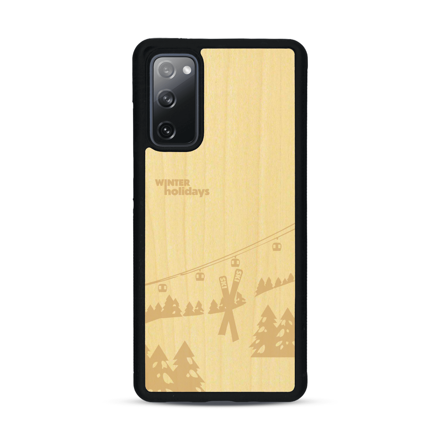 Coque de protection en bois véritable fabriquée en France pour  sur le thème de la montagne, du ski et de la neige avec un motif représentant une paire de ski plantée dans la neige avec en fond des montagnes enneigées