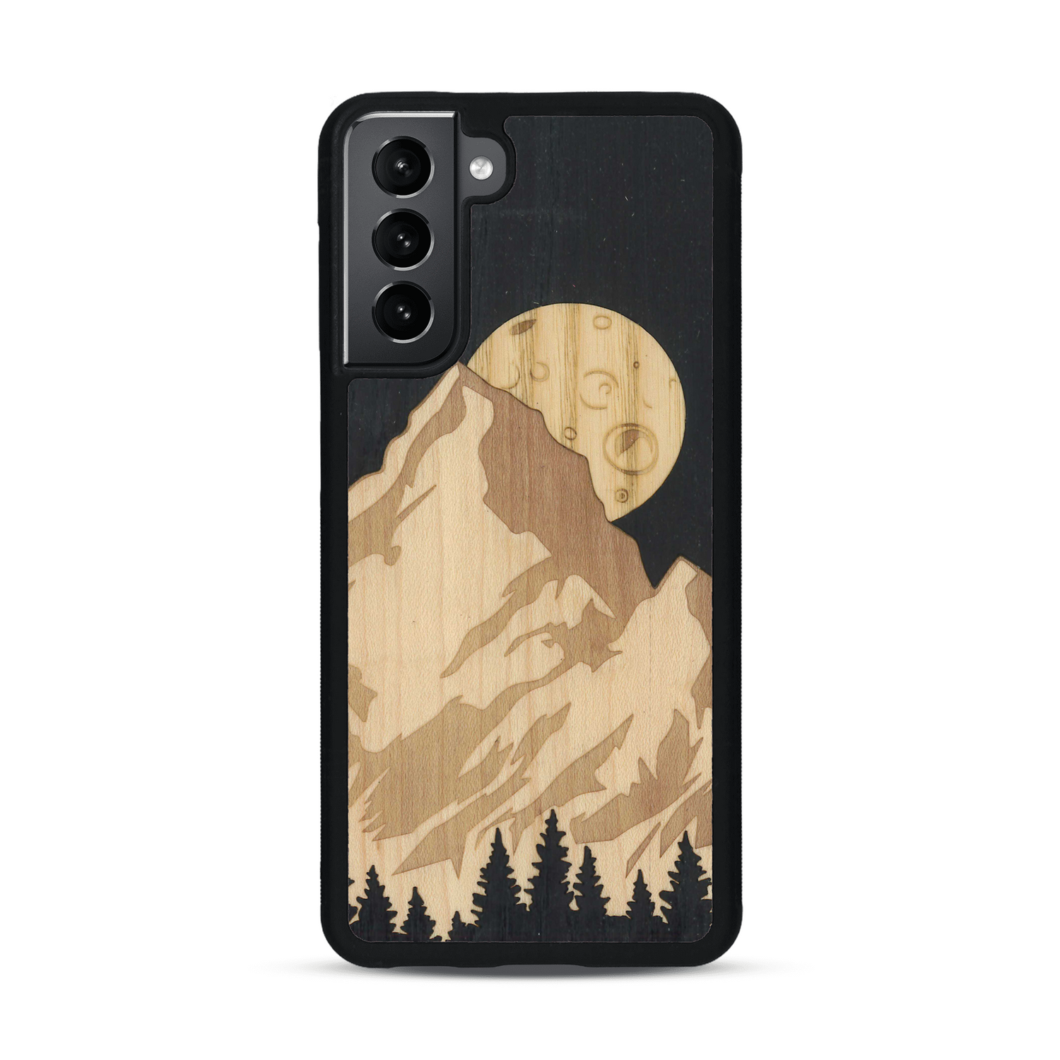 Coque de protection en bois véritable fabriquée en France pour  alliant plusieurs essences de bois pour représenter le mont Everest