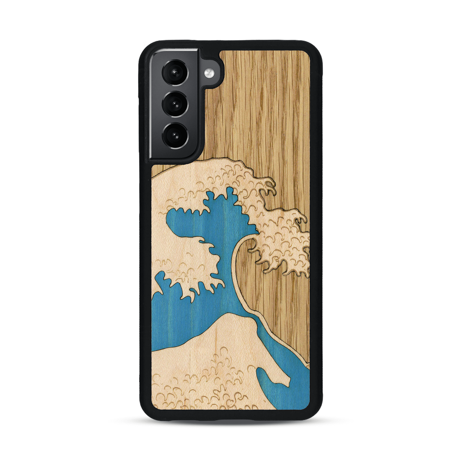 Coque de protection en bois véritable fabriquée en France pour  alliant plusieurs essences de bois pour représenter la célèbre grande vague de Kanagawa