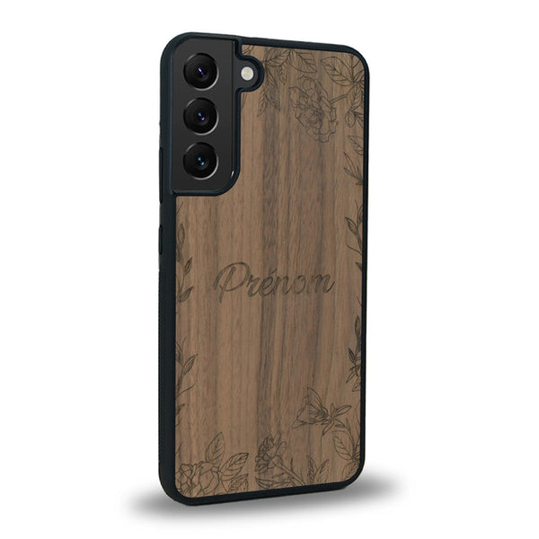 Coque de protection en bois véritable fabriquée en France pour Samsung S21 sur le thème de la fête des mères avec un motif représentant des fleurs et des feuilles