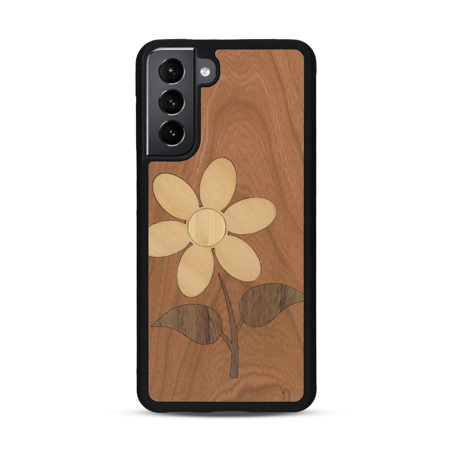 Coque de protection en bois véritable fabriquée en France pour  alliant plusieurs essences de bois pour représenter une marguerite