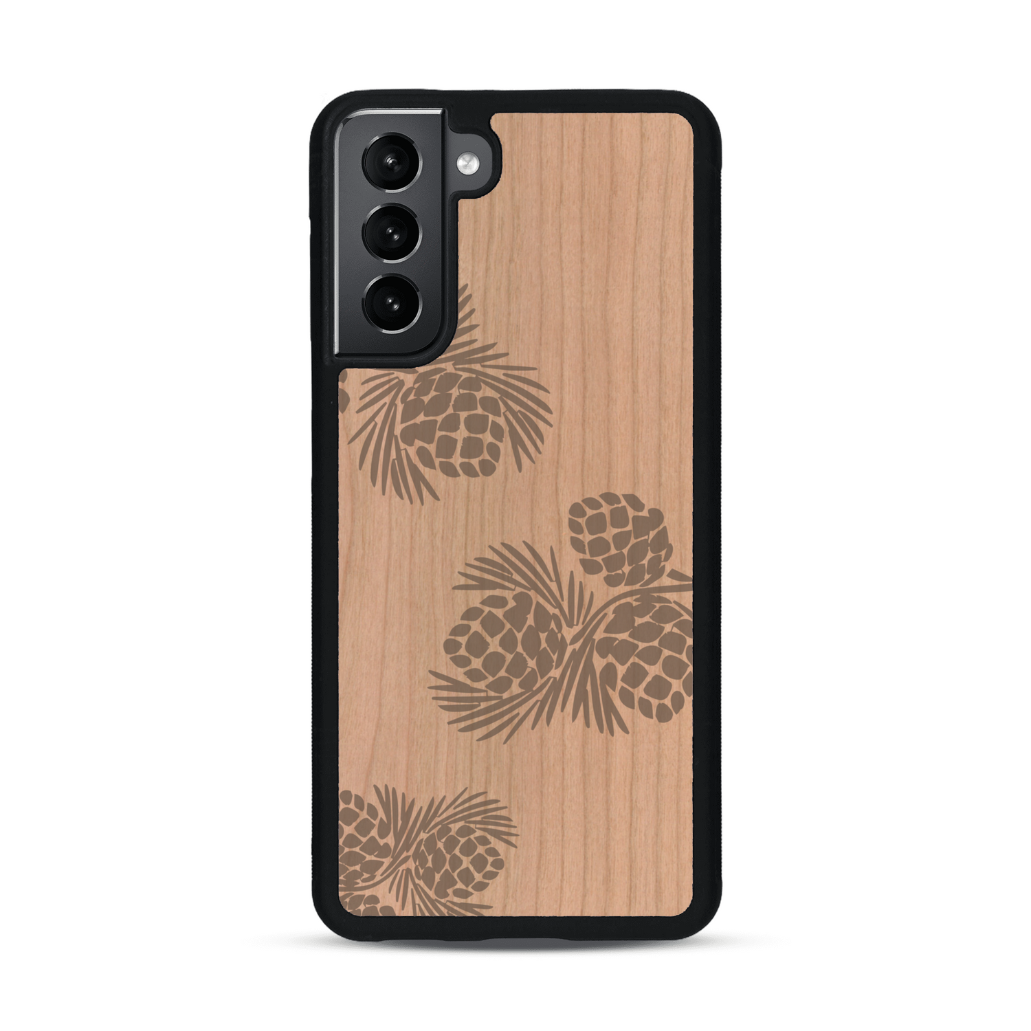 Coque de protection en bois véritable fabriquée en France pour  sur le thème de la nature des arbres avec un motif de gravure représentant des épines de sapin et des pommes de pin